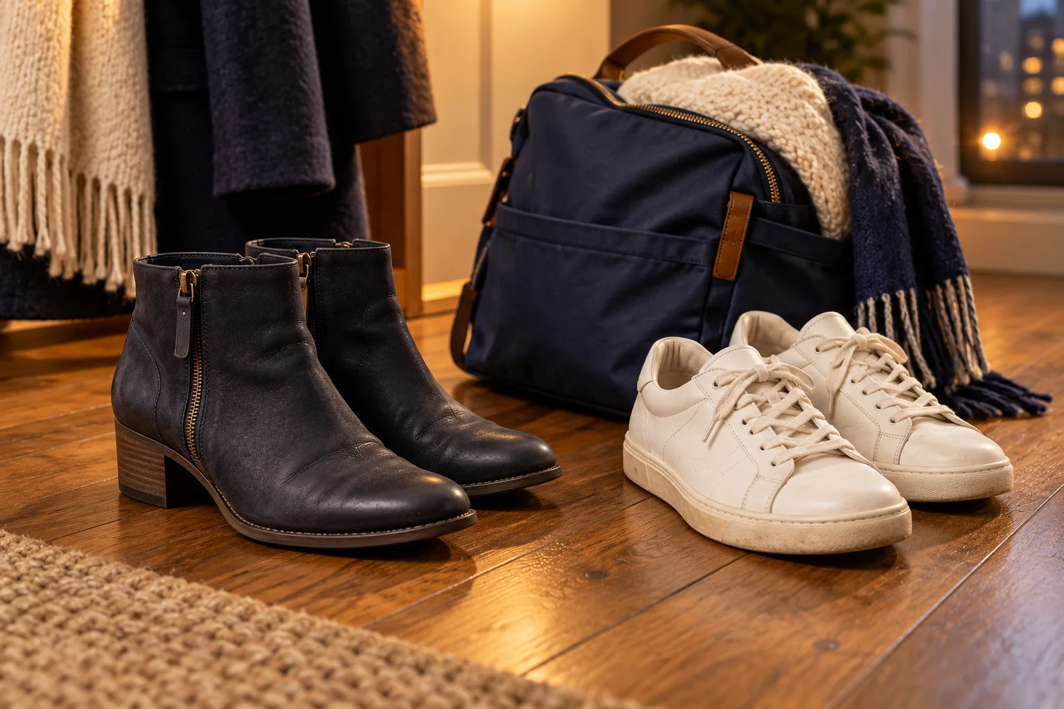 Des bottines à talons bas et des baskets confortables à côté d’un petit sac de voyage