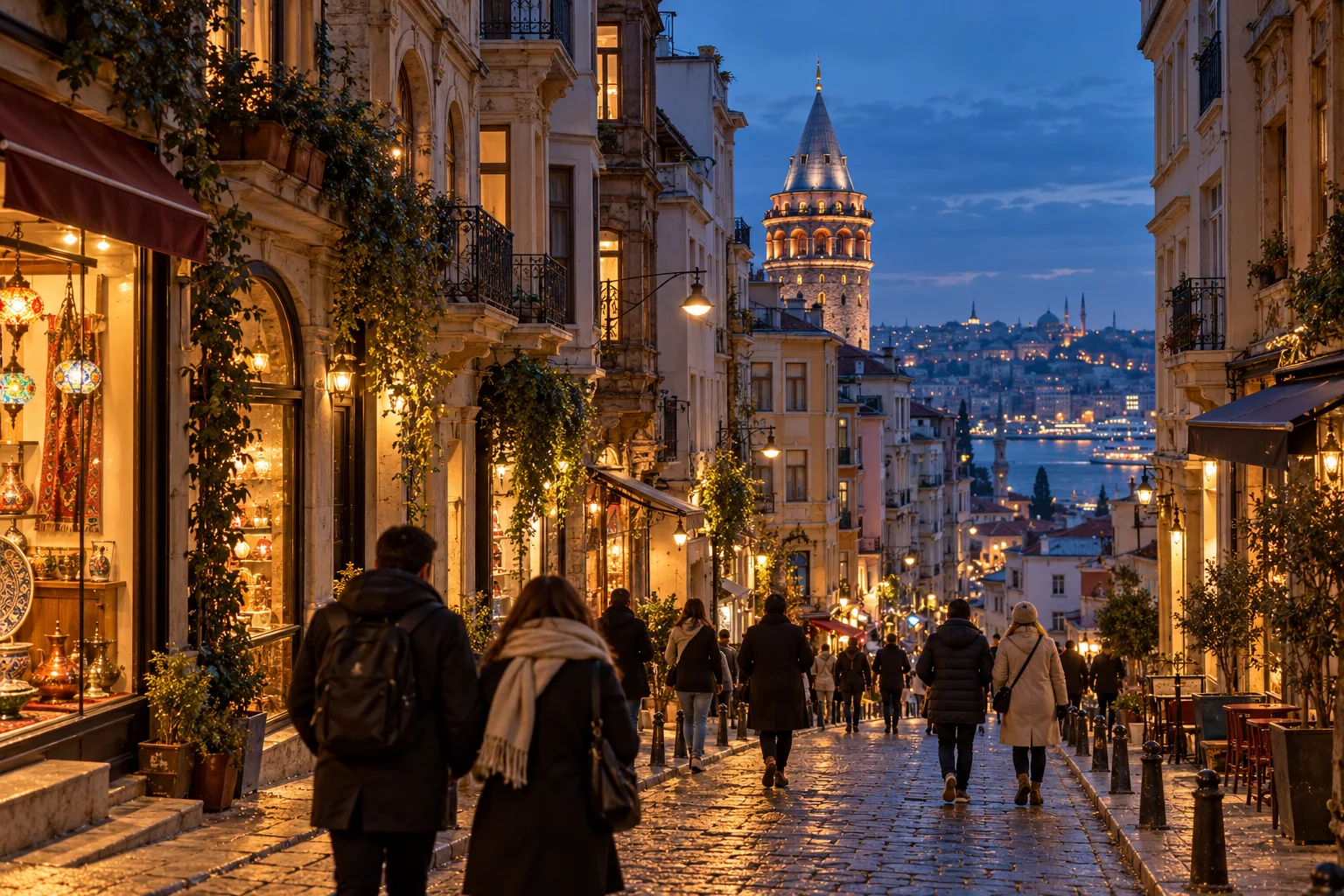 Uma rua inclinada de Beyoğlu com a Torre de Gálata e luzes noturnas ao fundo