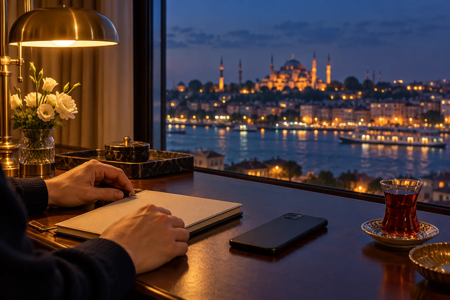 Um viajante a verificar os planos da noite na receção de um hotel