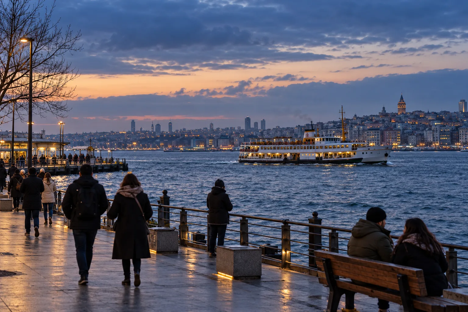 Um ferry de passageiros a atravessar a água junto a um passeio ribeirinho de Istambul ao crepúsculo