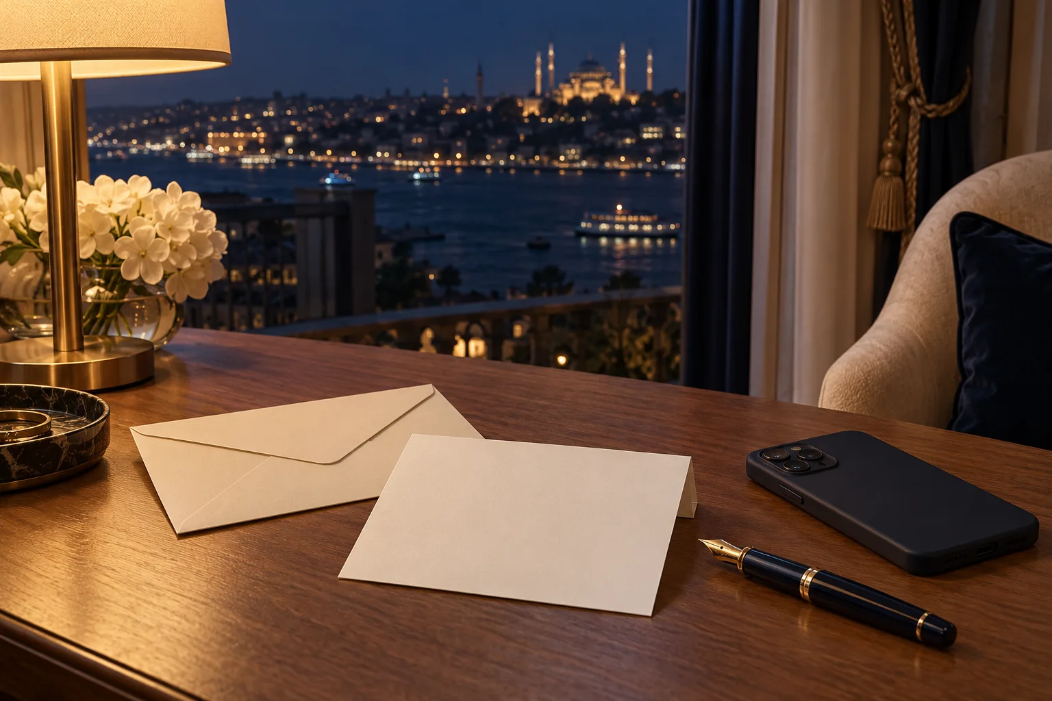 Um envelope cor de creme, papel dobrado e um telefone sobre uma mesa de madeira