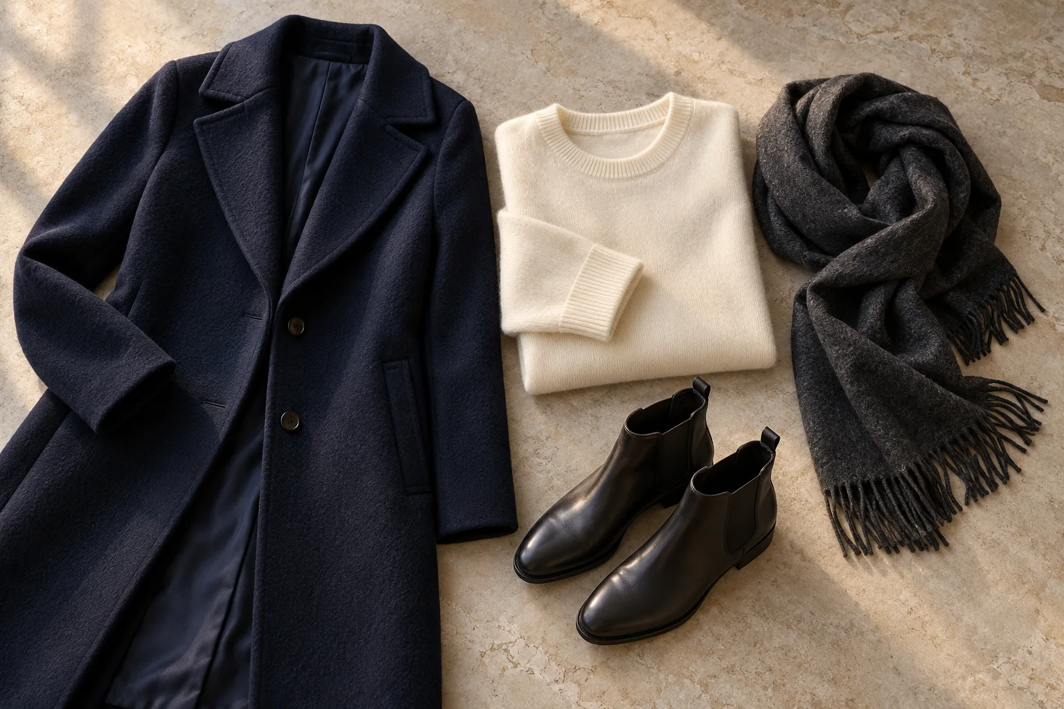 Un manteau en laine, un pull, une écharpe et des bottines disposés pour une soirée d’hiver