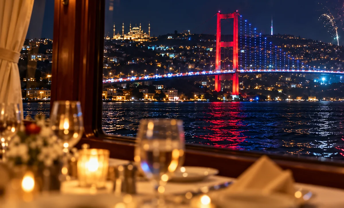 Candlelit dinner table beside a window overlooking the Bosphorus Bridge at night