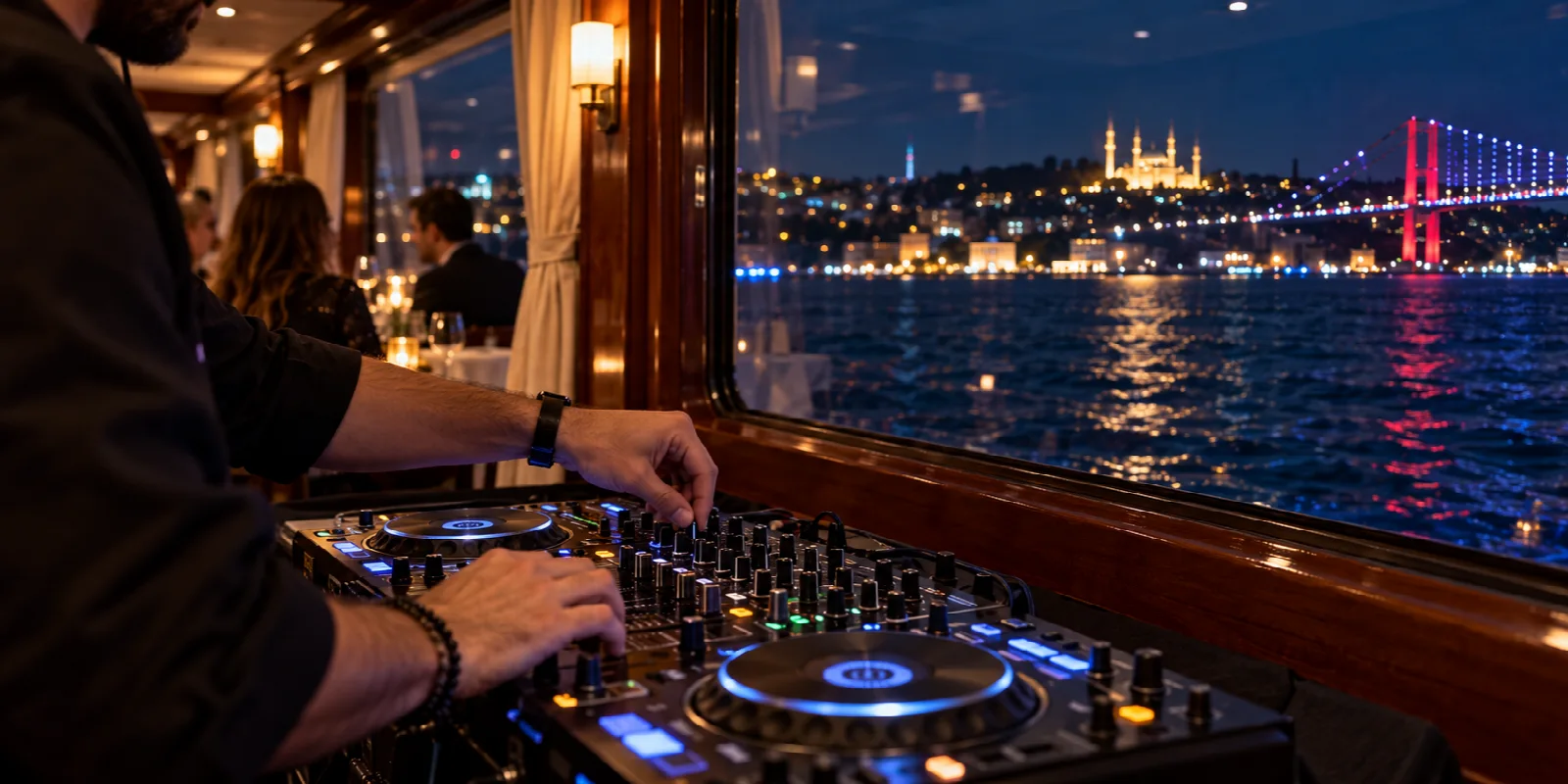 A DJ working beside a window overlooking the illuminated Bosphorus