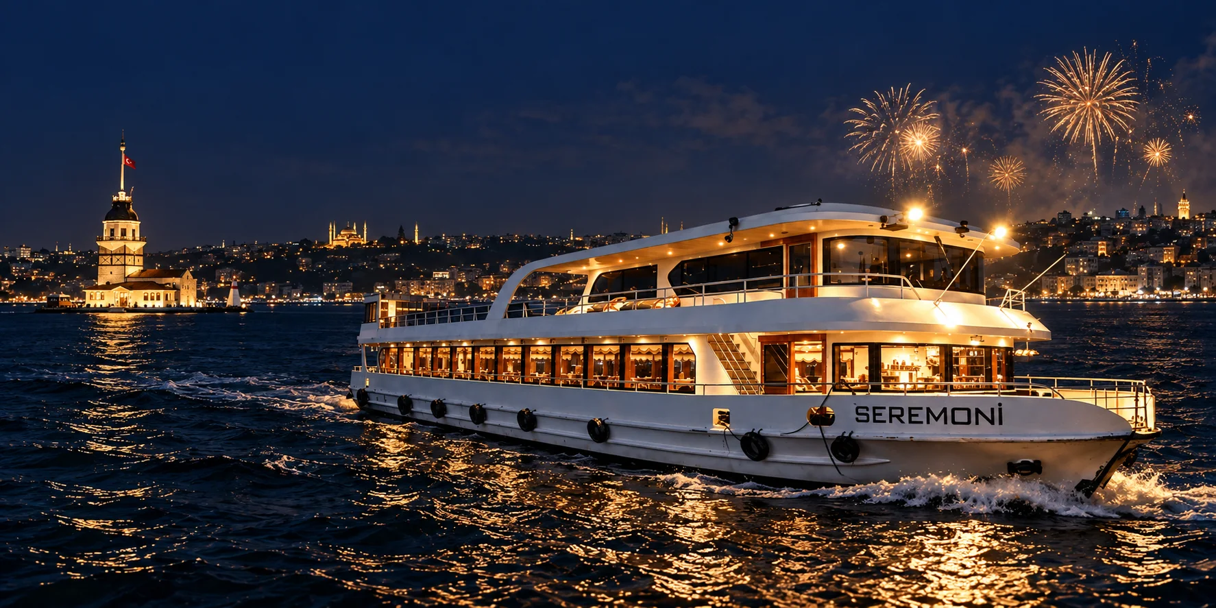 Illuminated dinner boat sailing past Maiden’s Tower on the Bosphorus at night