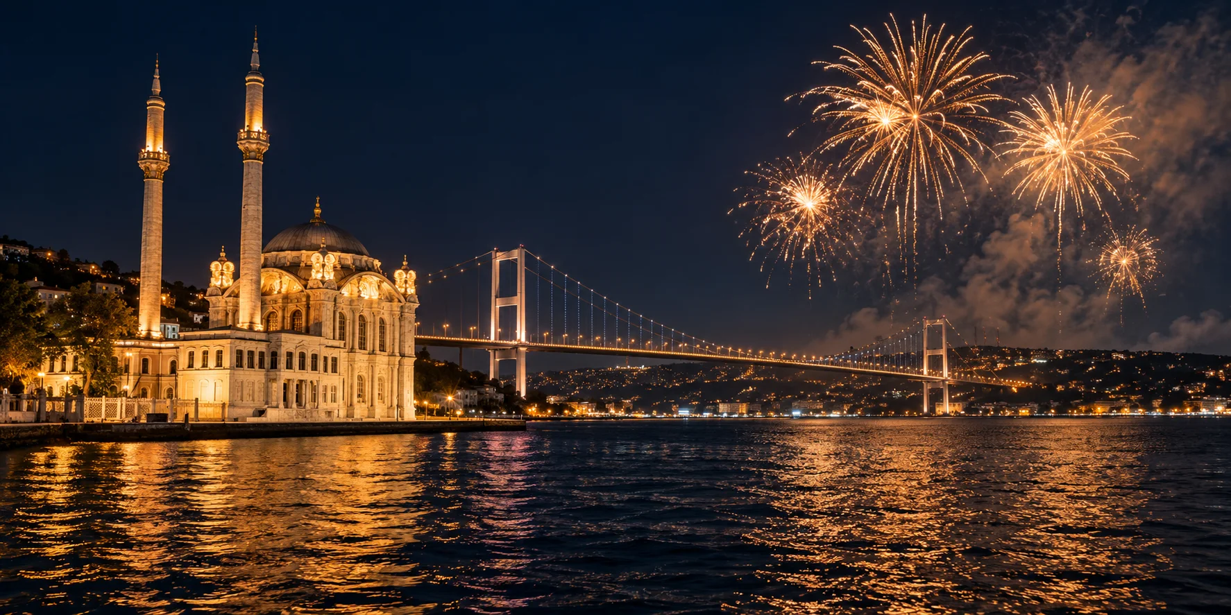 Ortaköy Mosque and the Bosphorus Bridge illuminated beneath New Year fireworks